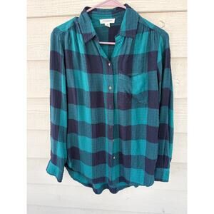 Beachlunchlounge Teal Navy Buffalo Plaid Button Down Shirt XS Lightweight Flanne